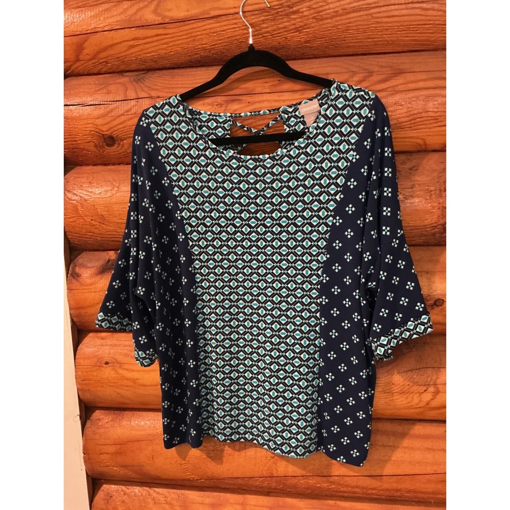 Chicos Navy Teal Geometric Print Lattice Back Blouse Size 2 Large 3/4 Sleeve